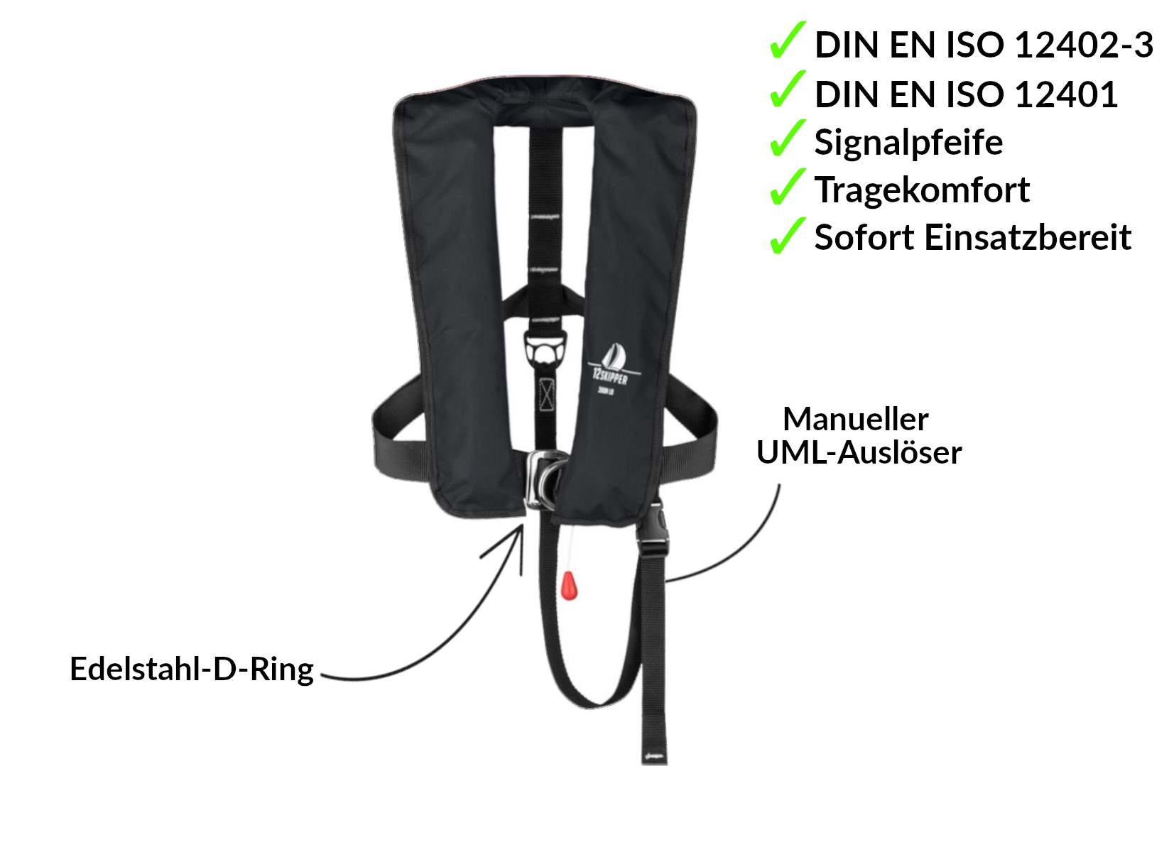 Set di 2 12skipper giubbotto di salvataggio automatico 300N ISO con imbragatura, nero