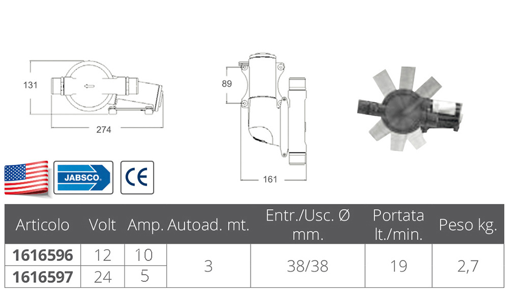 Jabsco Marine pompe a membrana per acque reflue 24 V.