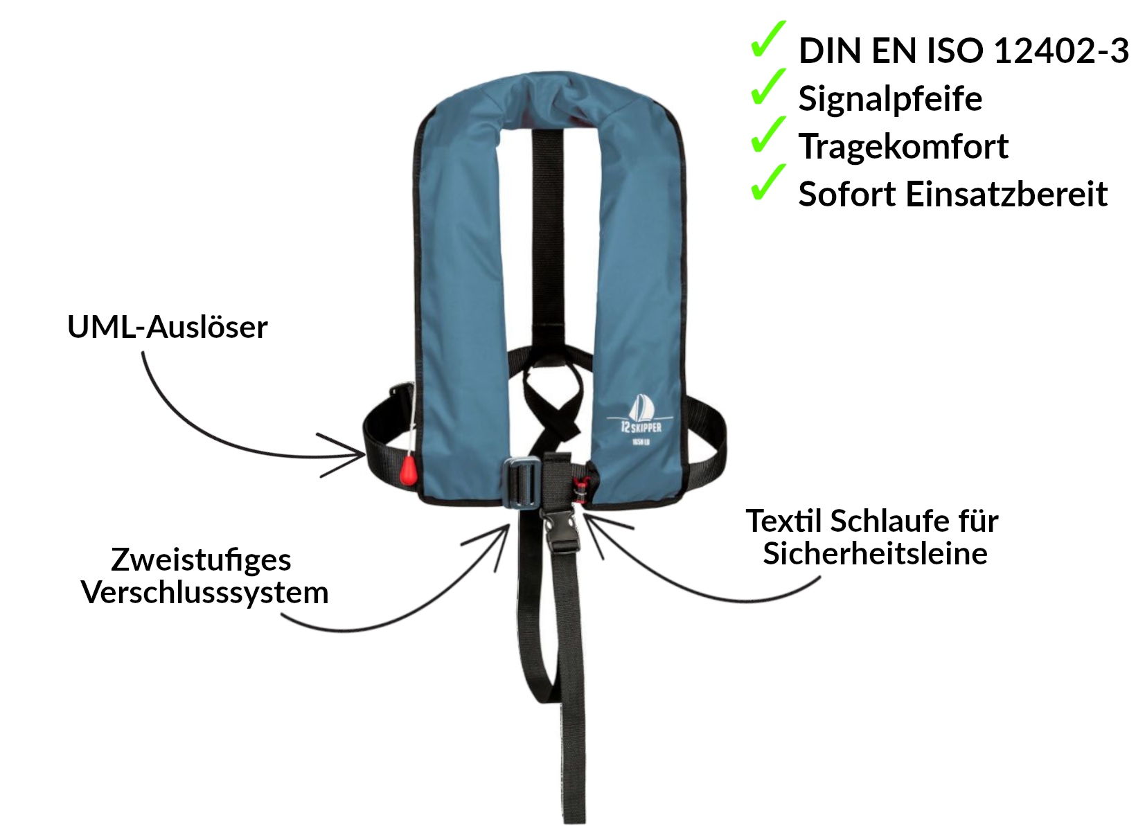 12skipper Giubbotto di salvataggio automatico 165N ISO con imbracatura, blu acciaio