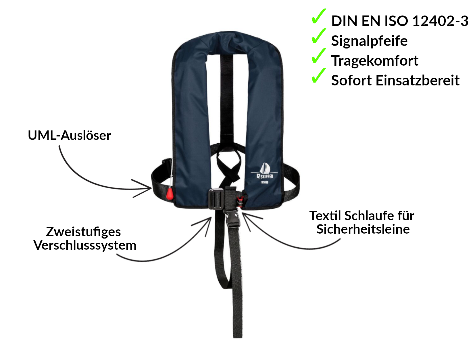 Set di 4 12skipper giubbotto di salvataggio automatico 165N ISO con imbragatura, blu navy