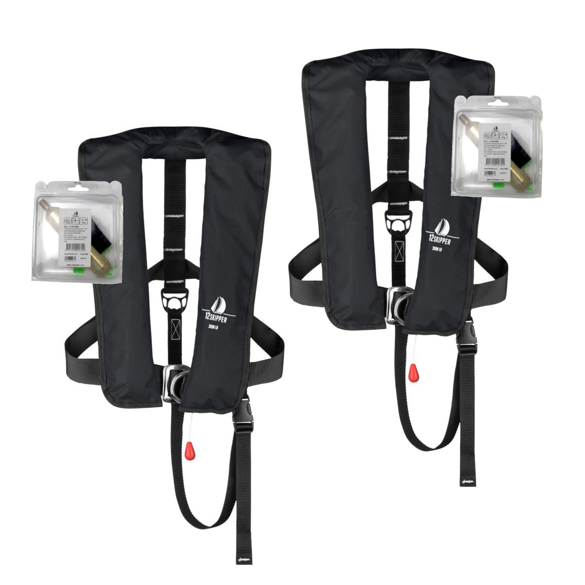 Set di 2 12skipper giubbotto di salvataggio automatico 300N ISO con imbragatura, nero, incl. 2 kit di manutenzione