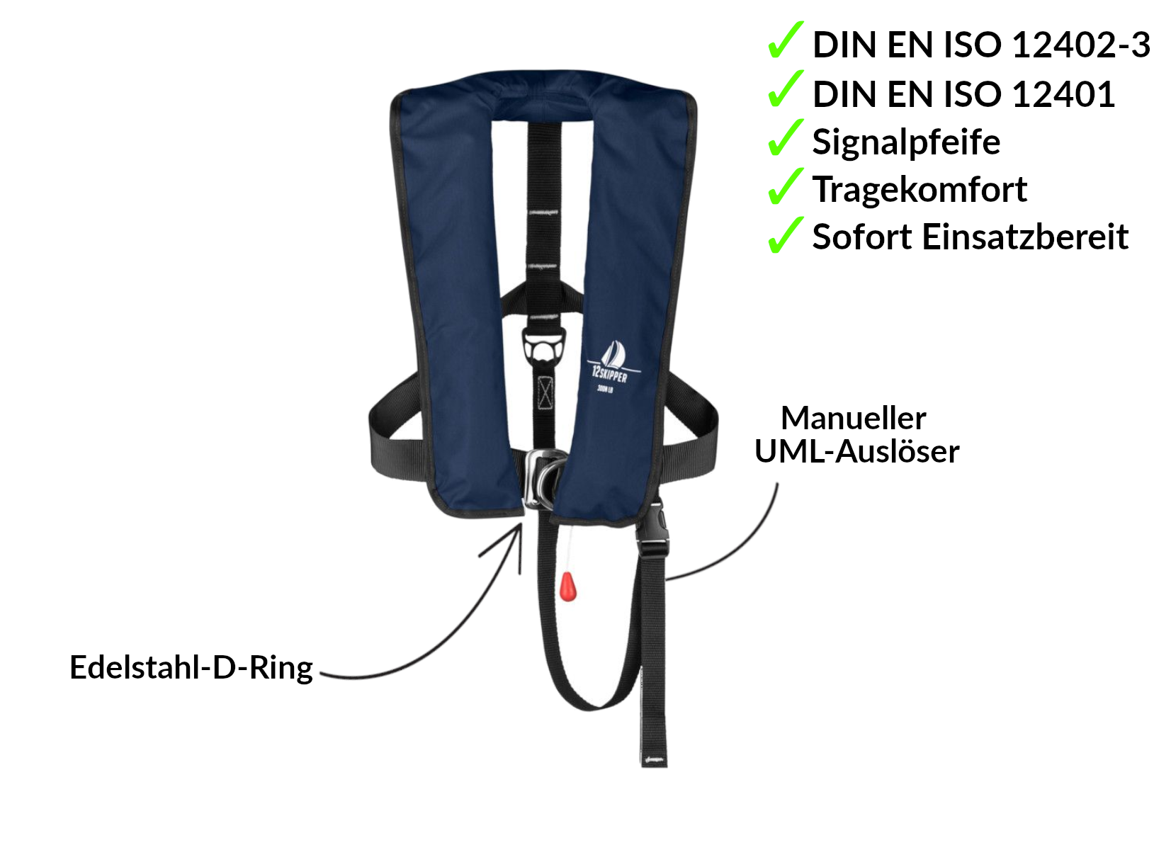 Set di 2 12skipper giubbotto di salvataggio automatico 300N ISO con imbragatura, blu navy